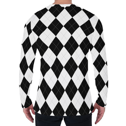White And Black Argyle Pattern Print Men's Long Sleeve T-Shirt