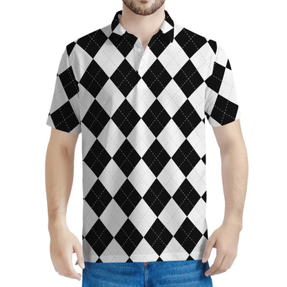 White And Black Argyle Pattern Print Men's Polo Shirt