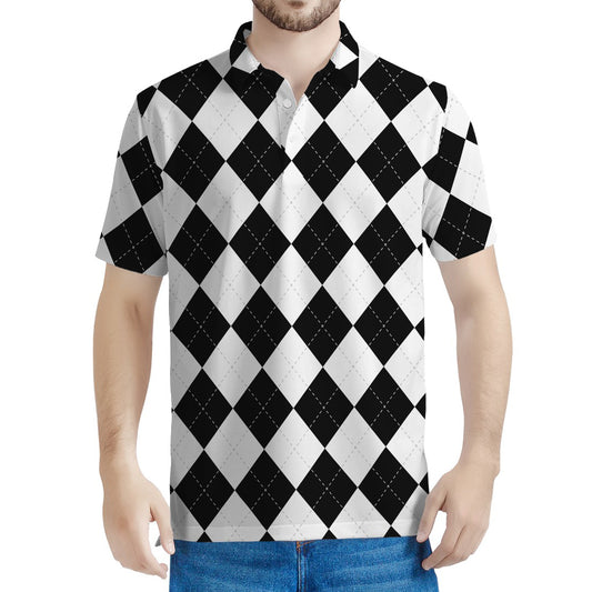 White And Black Argyle Pattern Print Men's Polo Shirt