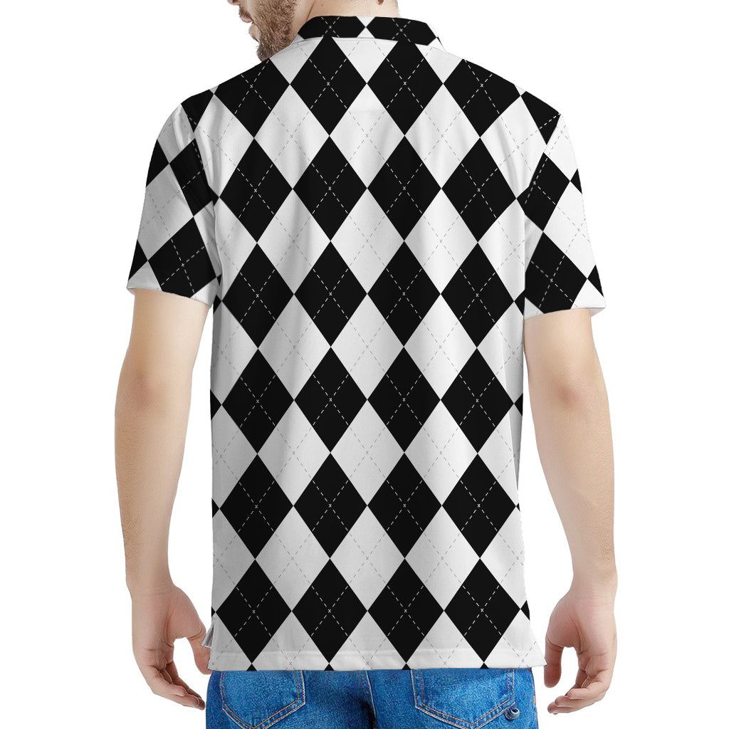 White And Black Argyle Pattern Print Men's Polo Shirt