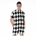 White And Black Argyle Pattern Print Men's Romper