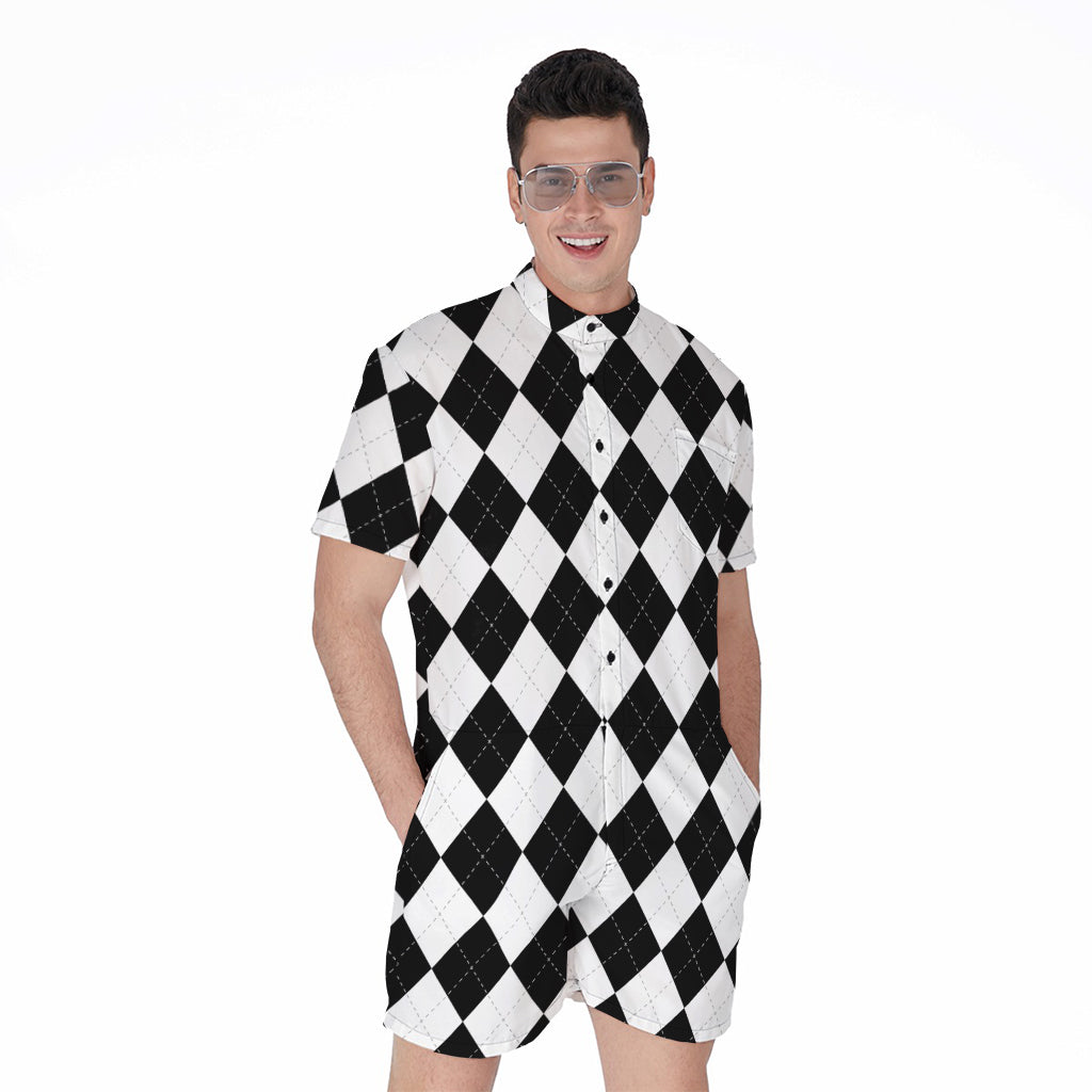 White And Black Argyle Pattern Print Men's Rompers