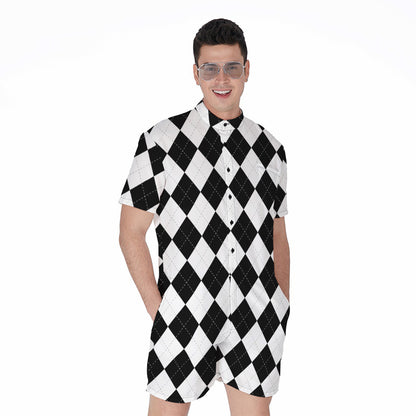 White And Black Argyle Pattern Print Men's Rompers