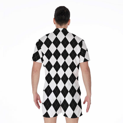 White And Black Argyle Pattern Print Men's Rompers