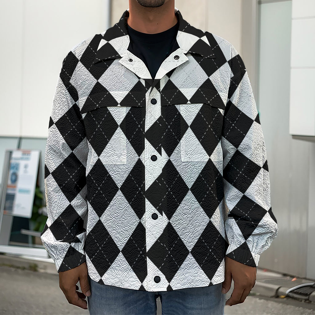 White And Black Argyle Pattern Print Men's Shirt Jacket