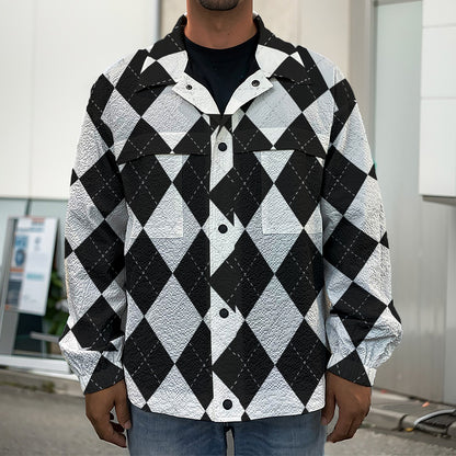White And Black Argyle Pattern Print Men's Shirt Jacket