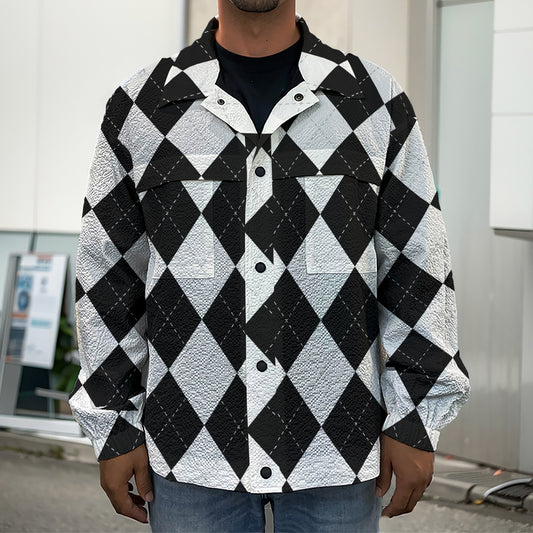 White And Black Argyle Pattern Print Men's Shirt Jacket