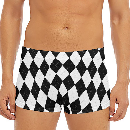White And Black Argyle Pattern Print Men's Short Boxer Briefs