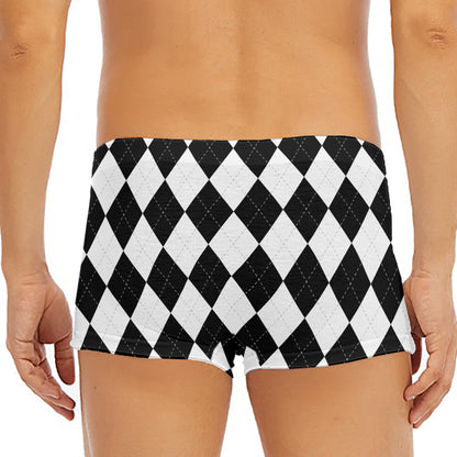 White And Black Argyle Pattern Print Men's Short Boxer Briefs