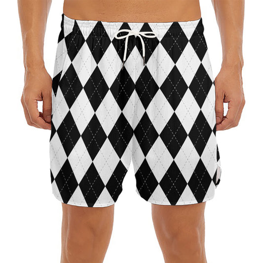 White And Black Argyle Pattern Print Men's Split Running Shorts