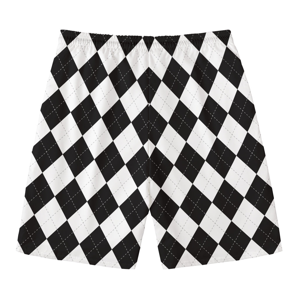 White And Black Argyle Pattern Print Men's Swim Trunks
