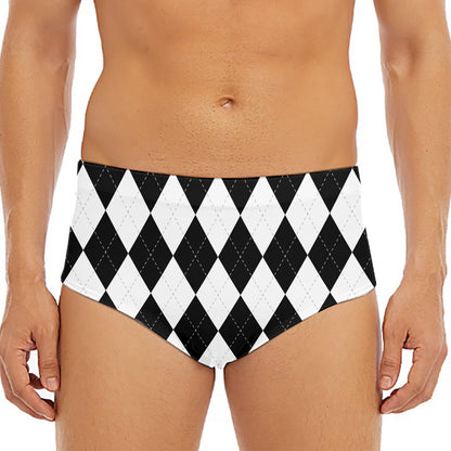 White And Black Argyle Pattern Print Men's Triangle Swim Briefs