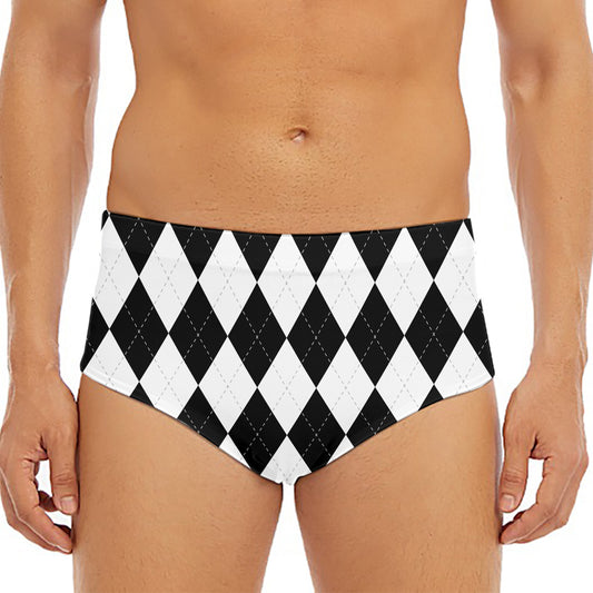 White And Black Argyle Pattern Print Men's Triangle Swim Briefs