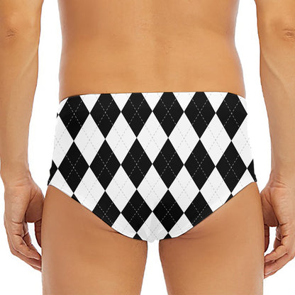 White And Black Argyle Pattern Print Men's Triangle Swim Briefs