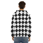 White And Black Argyle Pattern Print Men's Velvet Pullover Hoodie
