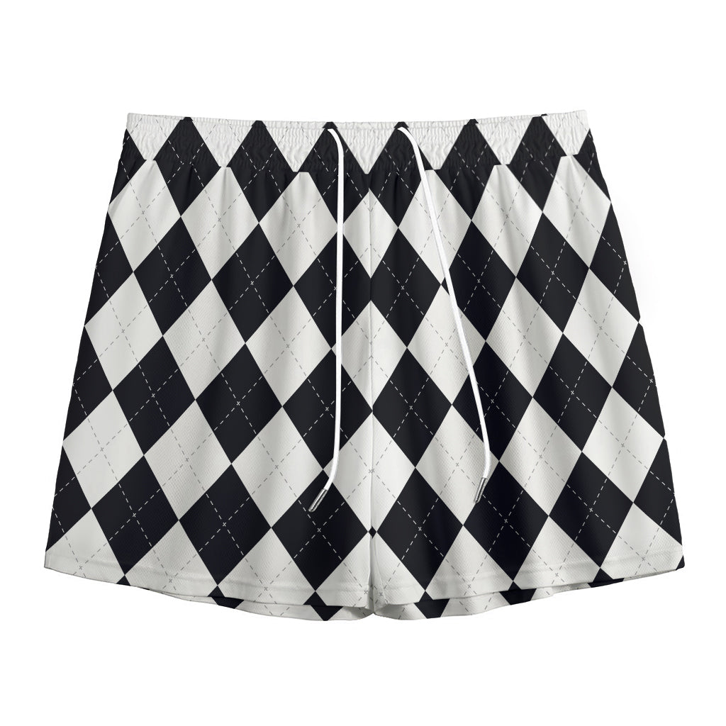 White And Black Argyle Pattern Print Mesh Shorts
