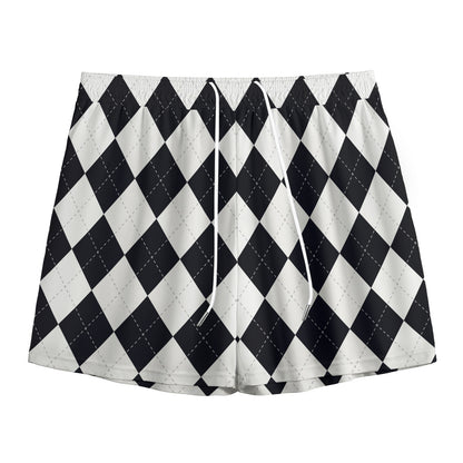 White And Black Argyle Pattern Print Mesh Shorts