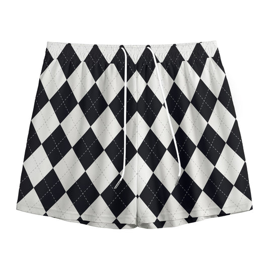 White And Black Argyle Pattern Print Mesh Shorts