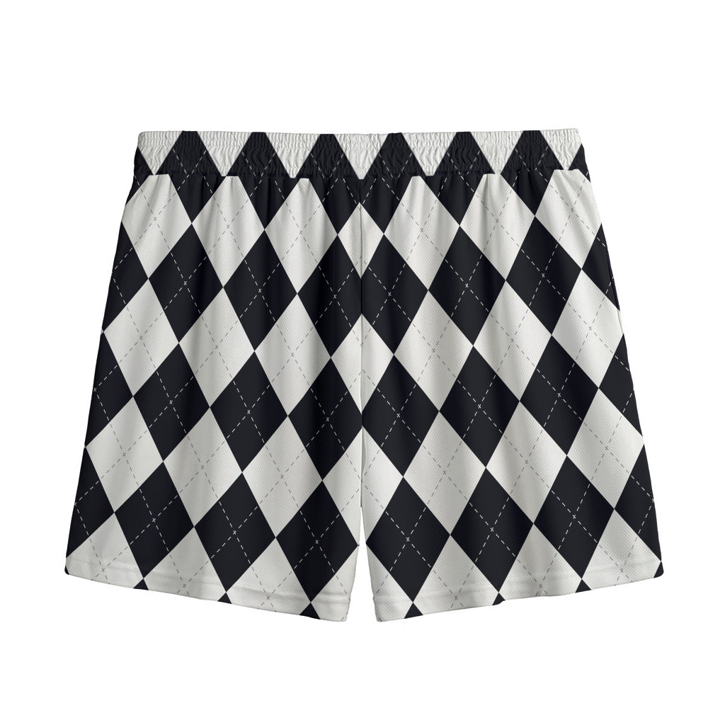 White And Black Argyle Pattern Print Mesh Shorts