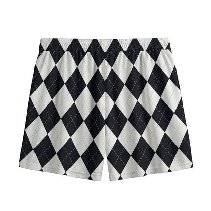 White And Black Argyle Pattern Print Mesh Shorts