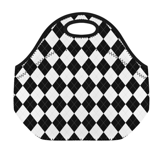 White And Black Argyle Pattern Print Neoprene Lunch Bag