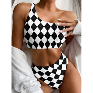 White And Black Argyle Pattern Print One Shoulder Bikini Top