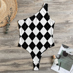 White And Black Argyle Pattern Print One Shoulder Bodysuit
