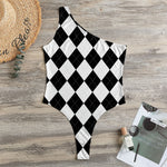 White And Black Argyle Pattern Print One Shoulder Bodysuit