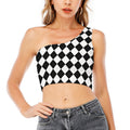White And Black Argyle Pattern Print One Shoulder Crop Top