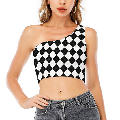 White And Black Argyle Pattern Print One Shoulder Crop Top