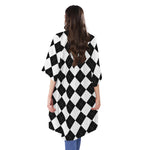 White And Black Argyle Pattern Print Open Front Beach Cover Up