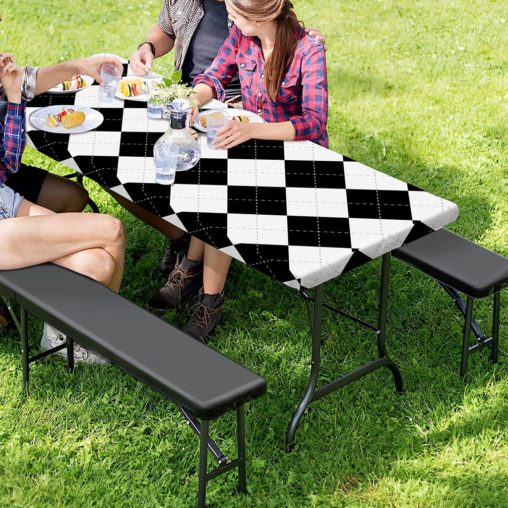 White And Black Argyle Pattern Print Picnic Table Cover
