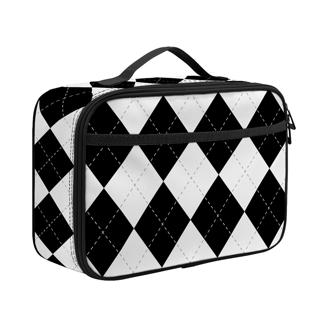White And Black Argyle Pattern Print Portable Lunch Bag