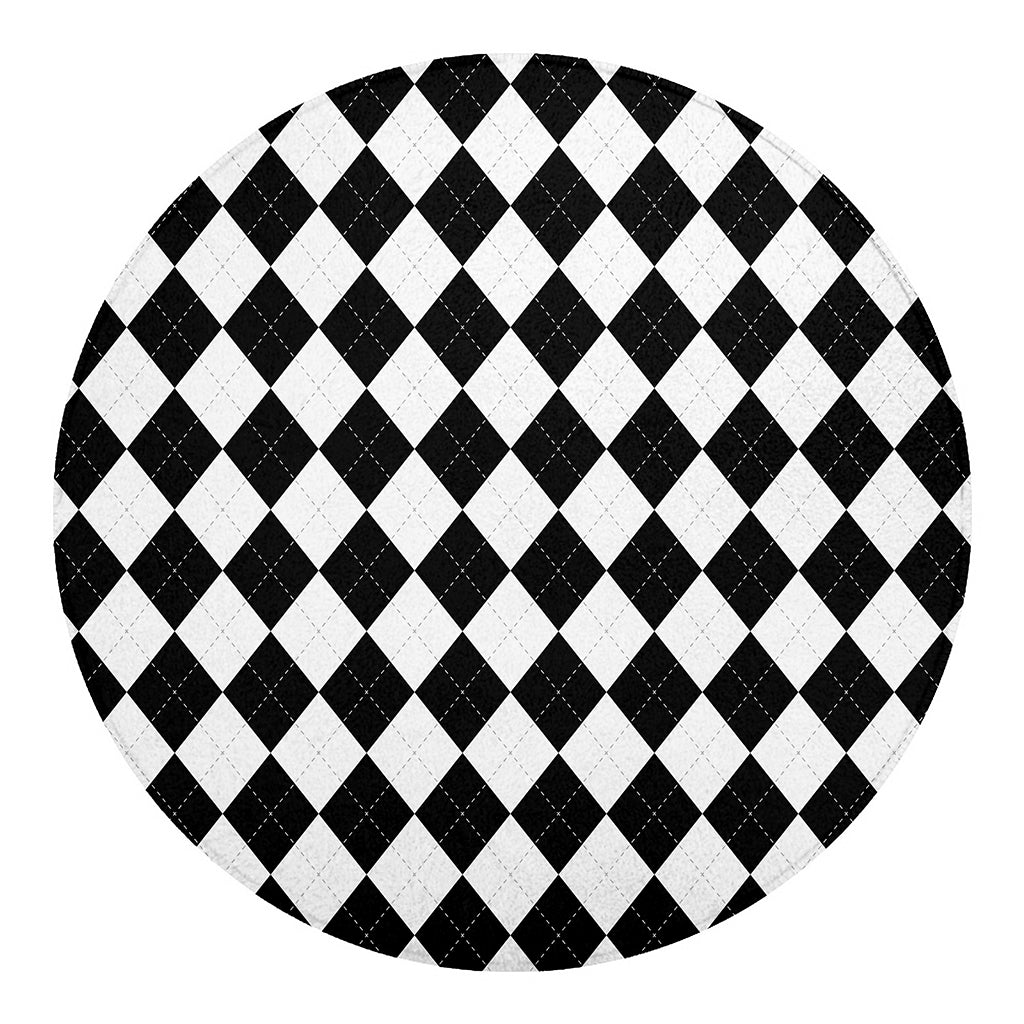 White And Black Argyle Pattern Print Round Blanket