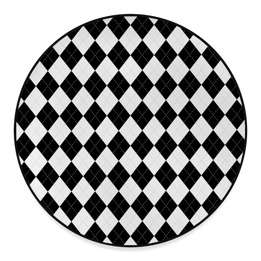 White And Black Argyle Pattern Print Round Floor Mat