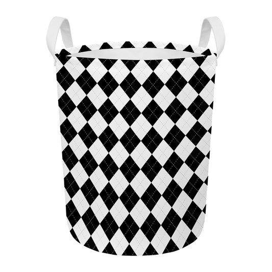 White And Black Argyle Pattern Print Round Laundry Basket