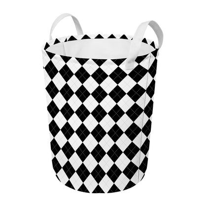 White And Black Argyle Pattern Print Round Laundry Basket