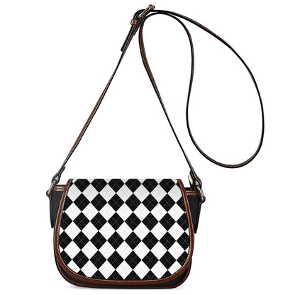 White And Black Argyle Pattern Print Saddle Bag