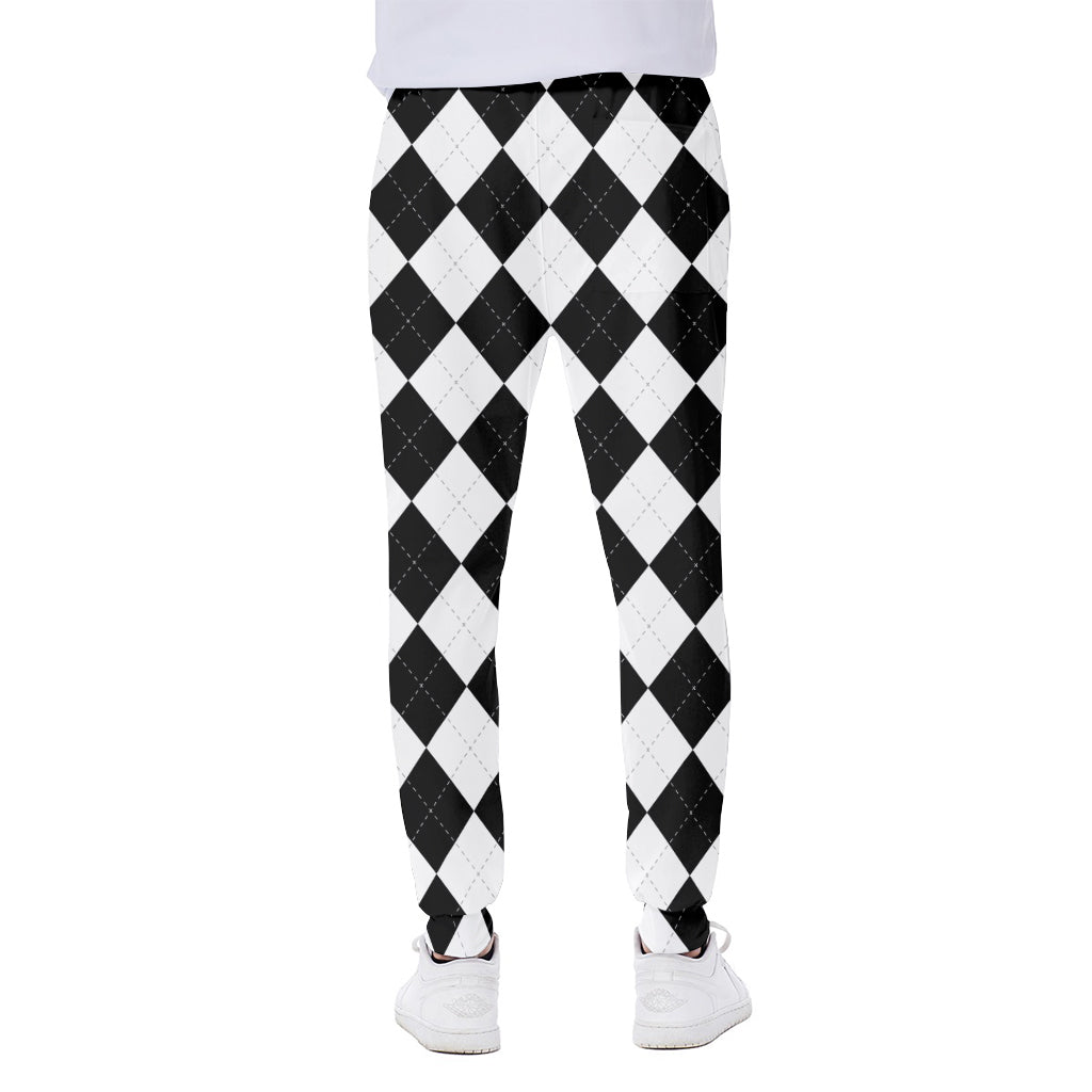 White And Black Argyle Pattern Print Scuba Joggers