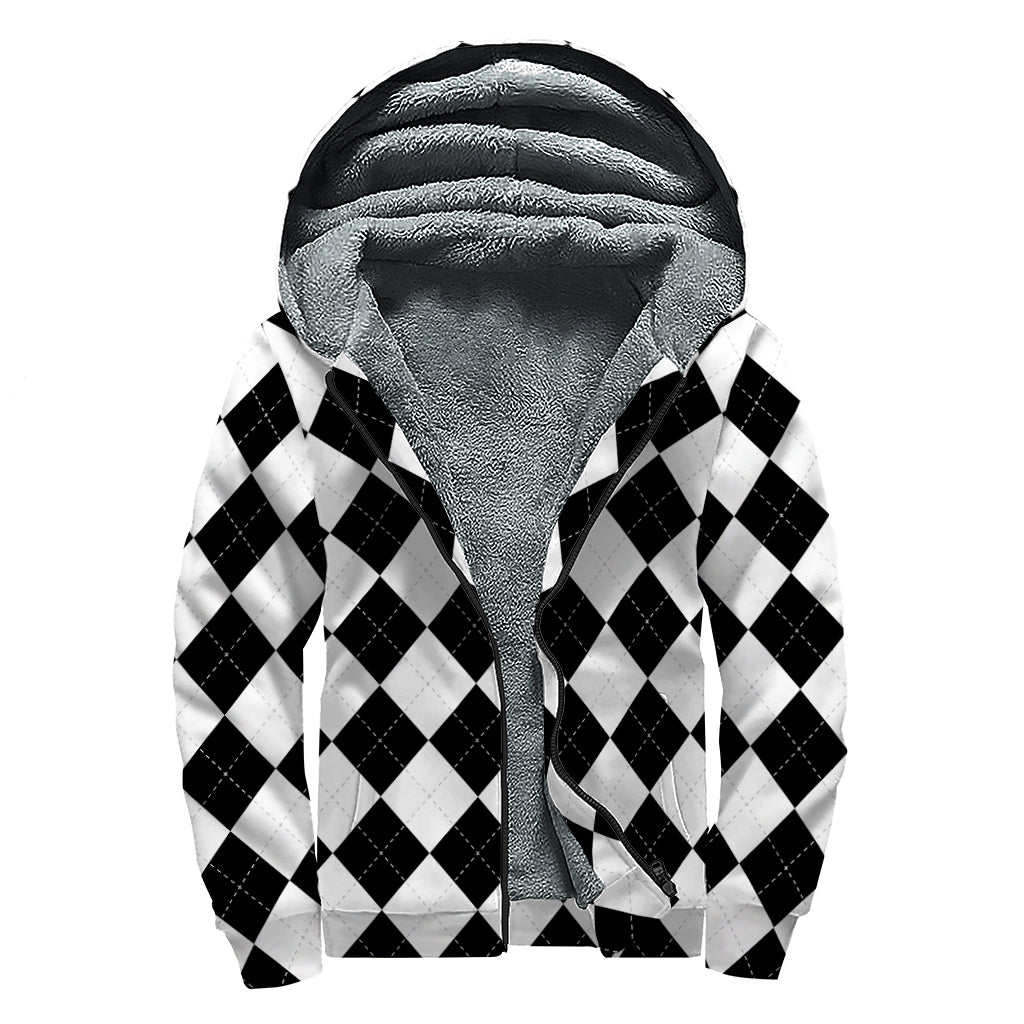 White And Black Argyle Pattern Print Sherpa Lined Zip Up Hoodie