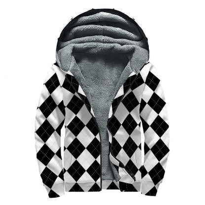 White And Black Argyle Pattern Print Sherpa Lined Zip Up Hoodie