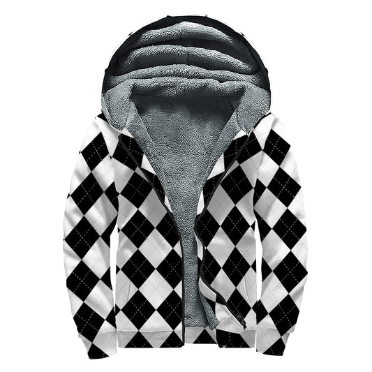 White And Black Argyle Pattern Print Sherpa Lined Zip Up Hoodie