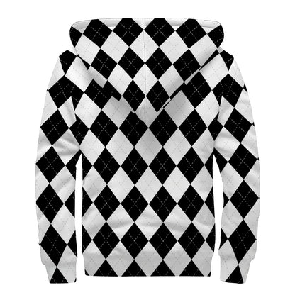 White And Black Argyle Pattern Print Sherpa Lined Zip Up Hoodie