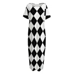 White And Black Argyle Pattern Print Short Sleeve Long Nightdress