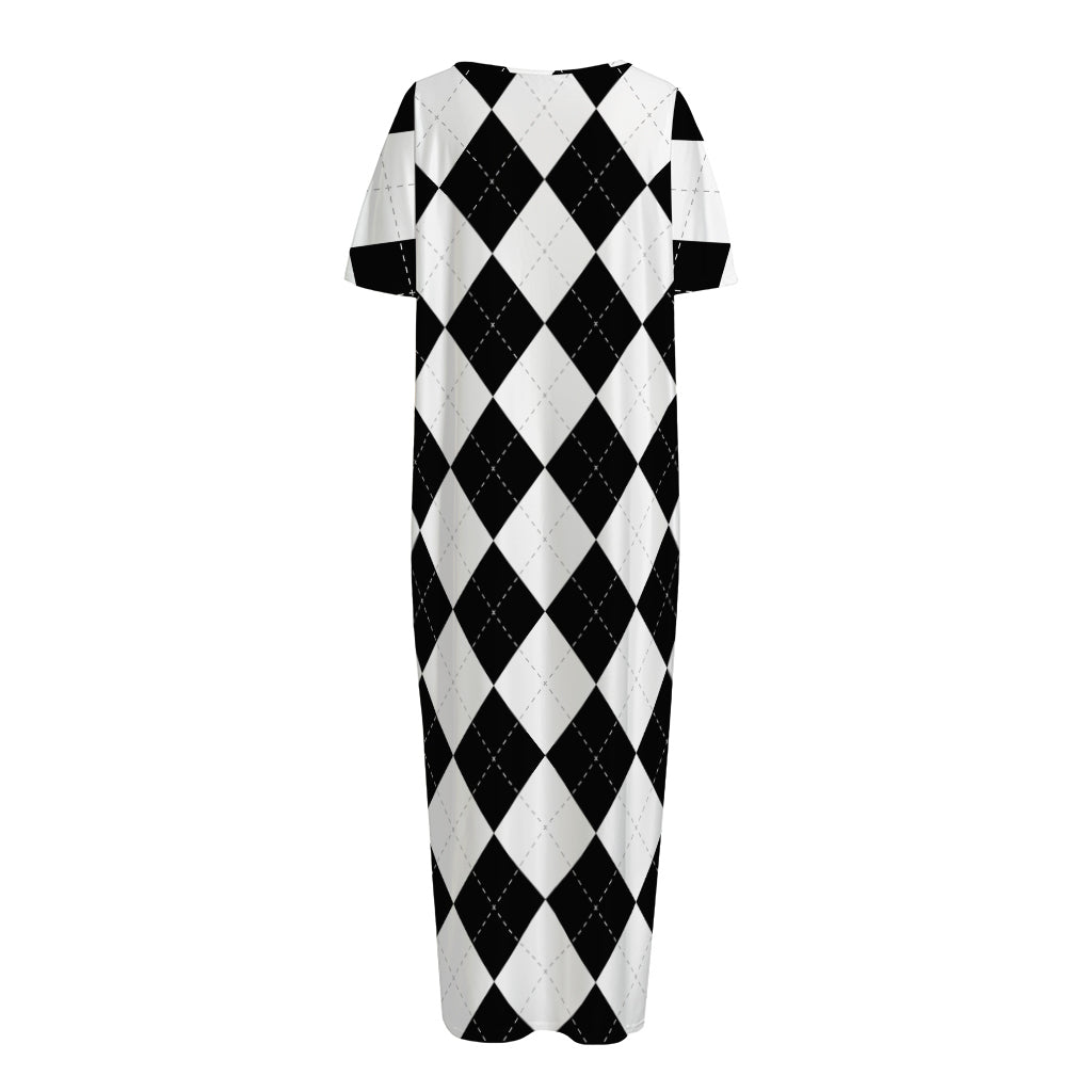 White And Black Argyle Pattern Print Short Sleeve Long Nightdress