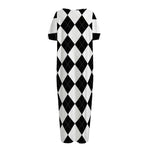 White And Black Argyle Pattern Print Short Sleeve Long Nightdress