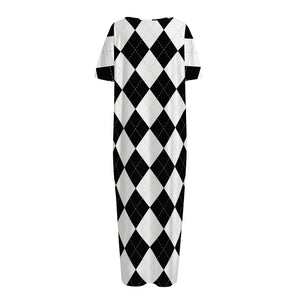 White And Black Argyle Pattern Print Short Sleeve Long Nightdress