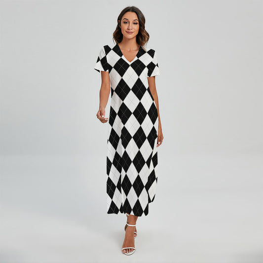 White And Black Argyle Pattern Print Short Sleeve Maxi Dress
