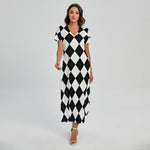 White And Black Argyle Pattern Print Short Sleeve Maxi Dress