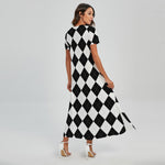White And Black Argyle Pattern Print Short Sleeve Maxi Dress